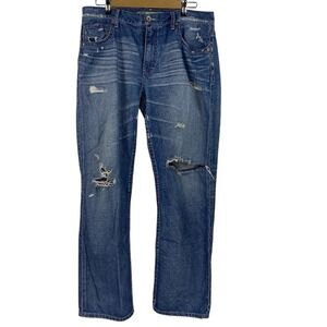 BKE Tyler Straight Leg Distressed Jeans Mens 36R Wash Denim Blue Distressed